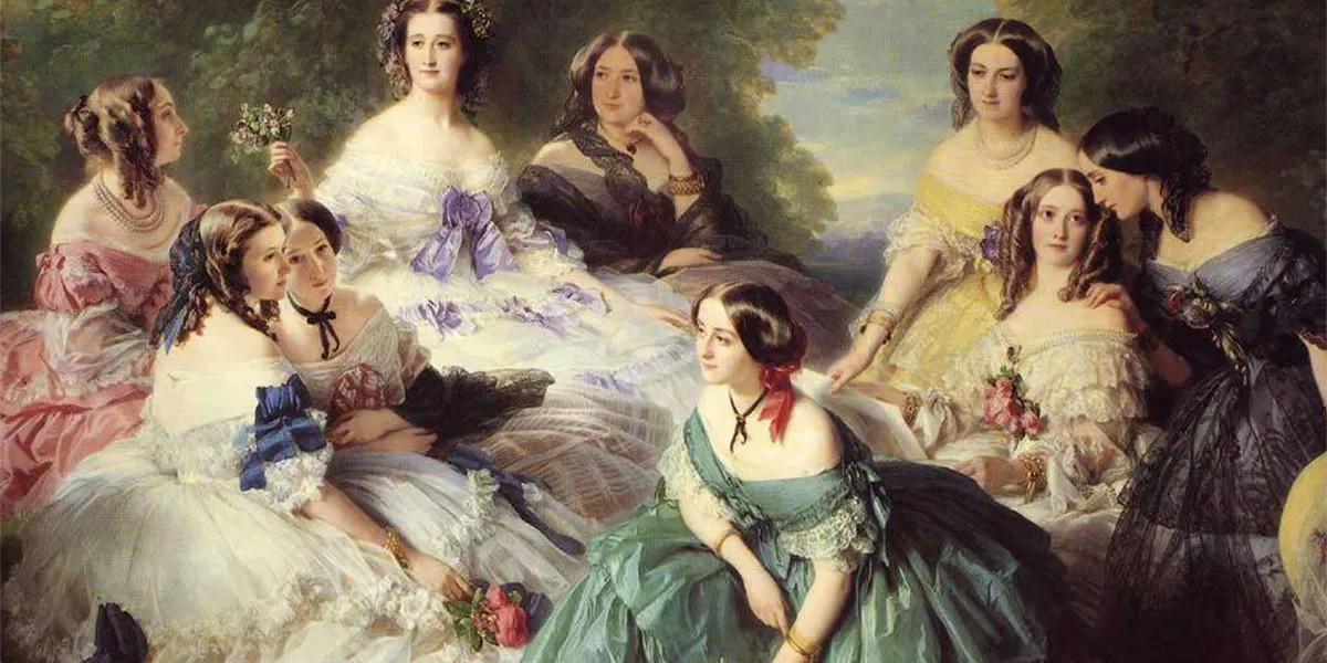 Franz Xaver Winterhalter (1805-1873), Kaiserin Eugénie und ihre Hofdamen, 1855, Öl/Lwd., 300 x 420 cm, Musée National de Palais de Compiègne, Compiègne. Foto gemeinfrei (Detail)