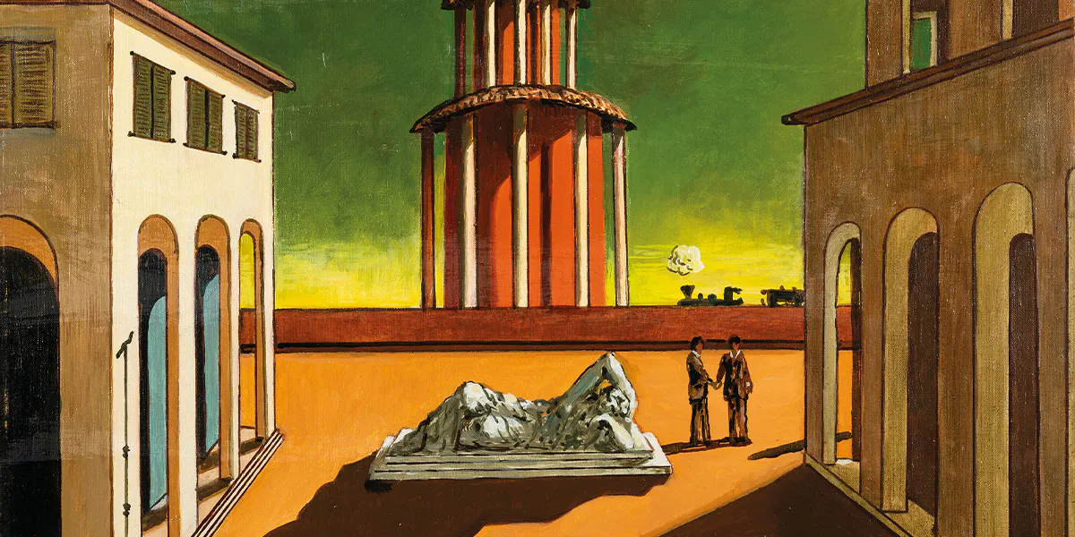 Giorgio de Chirico, "Piazza d'Italia", 1963, olio su tela, cm 40 x 50. Firmato in basso a sinistra; firmato e titolato sul retro. Lotto 14. Stima € 150.000 - 250.000. Foto © Wannenes (dettaglio)