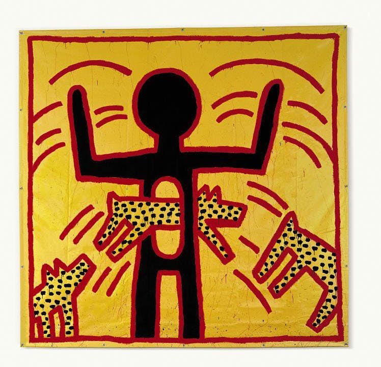 Keith Haring preferred to paint on paper. Prior to Haring's first exhibition there were requests for larger paintings, however. On the street, he saw some workers turn their equipment into a type of vinyl tarpaulin. He located the material and started painting on the corresponding material. This painting measures 3.65 x 3.65 m and was sold for £1.5 million in 2007. Photo: Christies