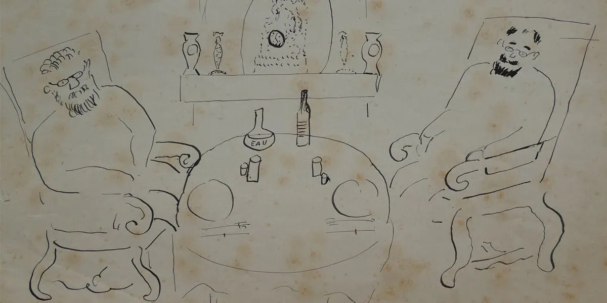 Henri Matisse (1869-1954), ‘Duo des deux philosophes: à nos âges un seul verre de vin est suffisant et ne peut faire mal aux artères’ (‘Duo of the two philosophers: in our ages a single glass of wine is sufficient and cannot hurt the arteries’) [detail], drawing, ink on laid paper, signed and dated 27 June ‘10. Image © Maison de Ventes Guéry