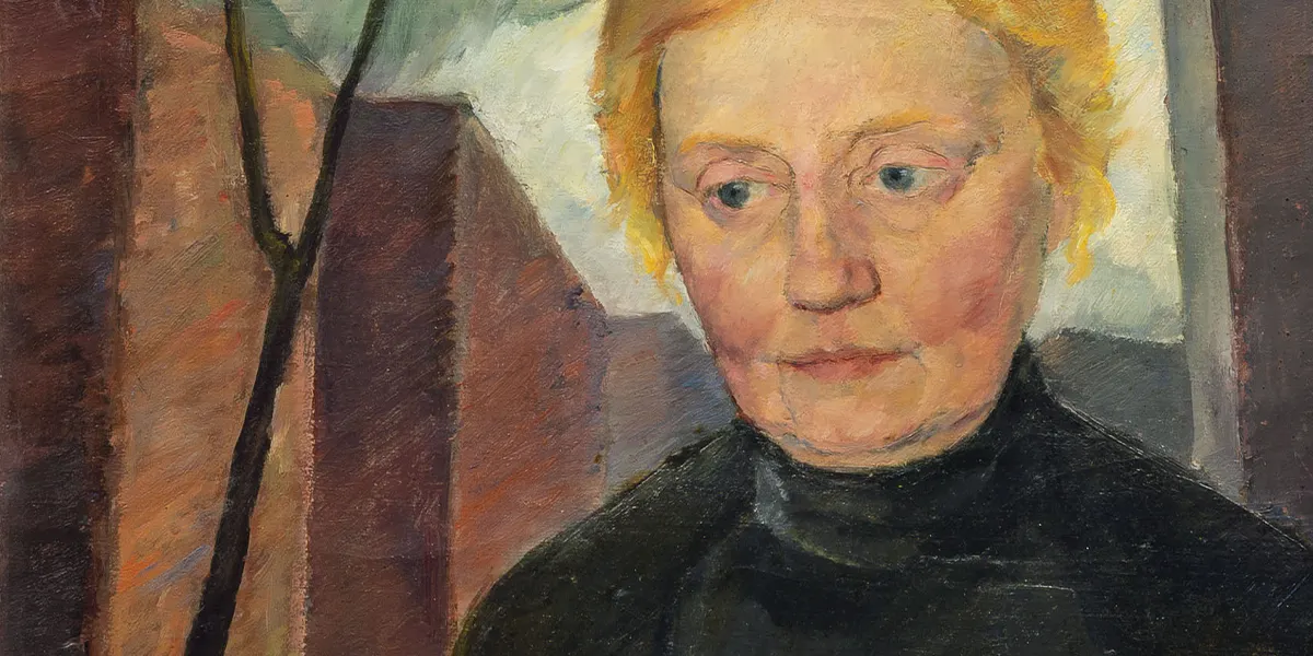 Lotte Laserstein (1898 Preußisch Holland/Königsberg - 1993 Kalmar/Schweden), Die Mutter der Künstlerin, Meta Laserstein vor Häusern, um 1921, Öl/Stofftuch, 55,5 x 44,5 cm. Foto © Auktionshaus Stahl (Detail)
