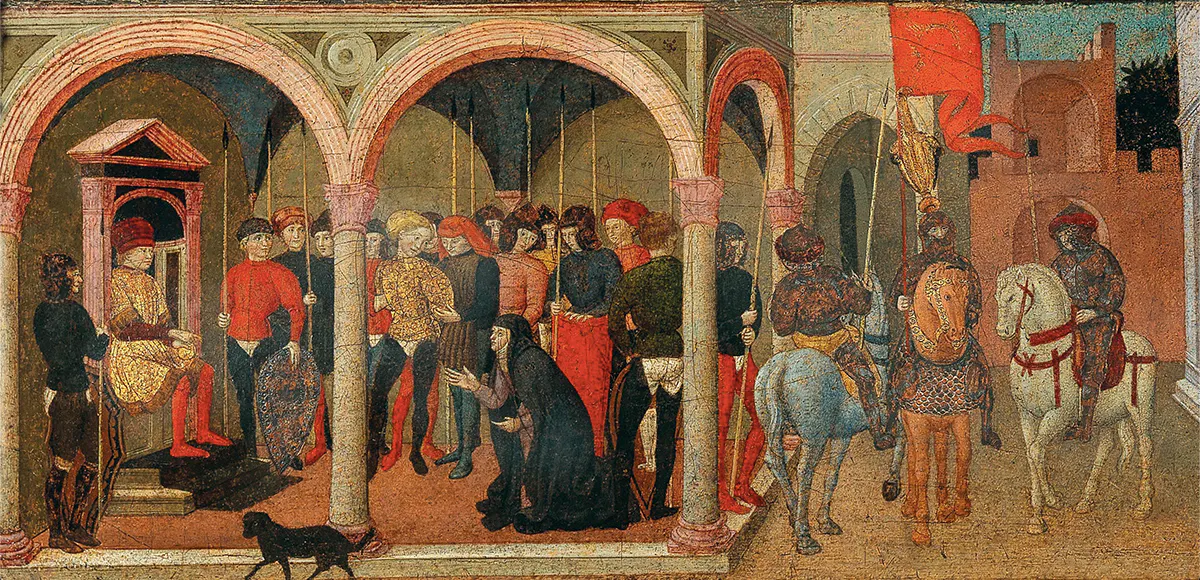 Scuola fiorentina, XV secolo, La giustizia di Traiano, tempera, olio su legno (fronte di un cassone). Foto © Dorotheum 