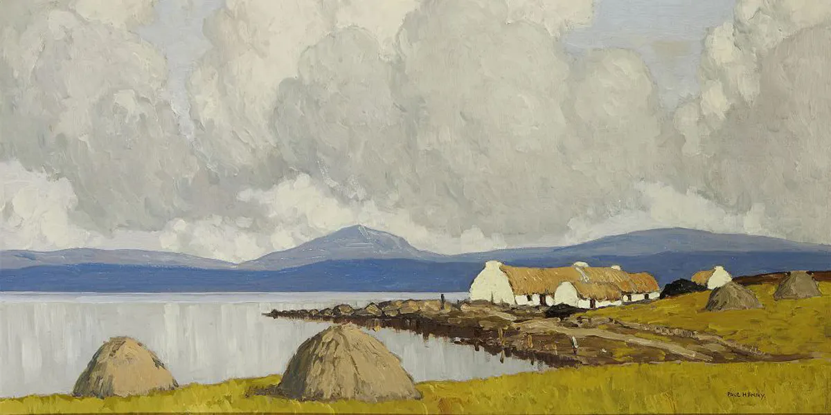 Paul Henry, ‘Lakeside Cottages’, oil on panel, 40.5x61cm, signed lower right, titled in pencil verso (detail). Photo © deVeres