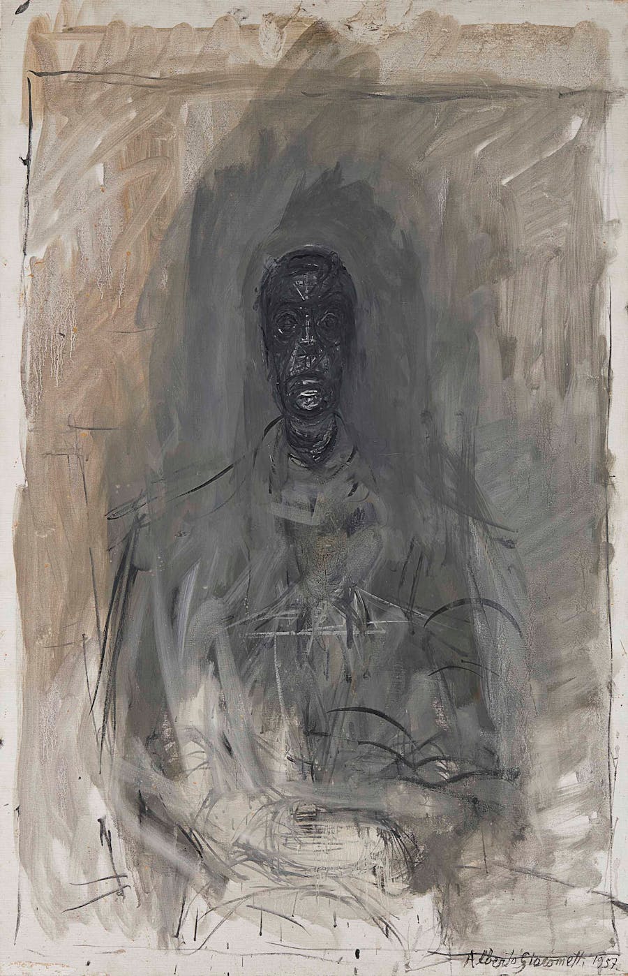 Alberto Giacometti (1901-1966), Tête noire (Portrait de Diego), 1957, oil on canvas, 100.2 x 65.2 cm. Image via Christie’s.
