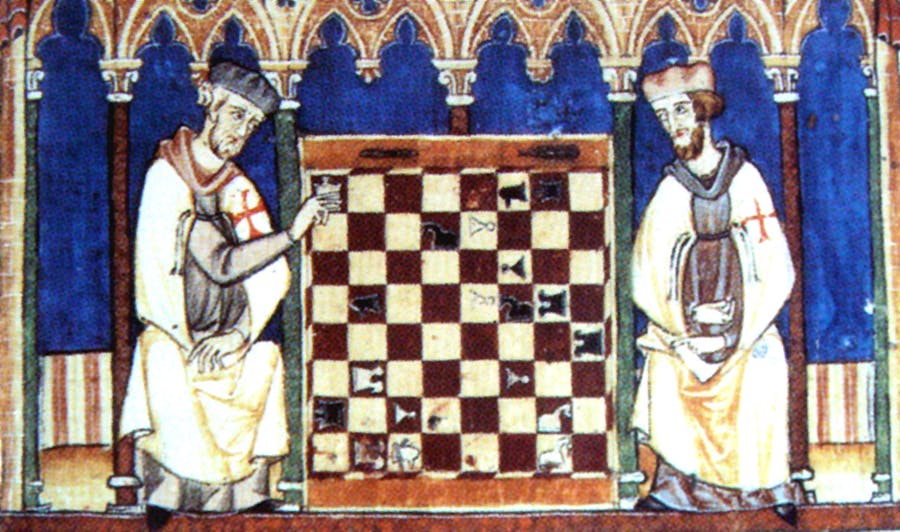 Knights Templar playing chess, Libro de los juegos, 1283. Public domain image