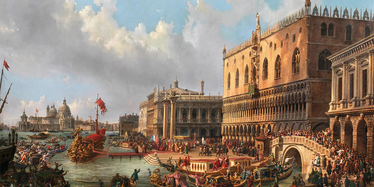 Luigi Querena 1824 Venezia 1890), Il beato Doge Francesco Morosini lascia Venezia nel 1693 per combattere i Turchi nel Peloponneso, 1865, olio/tela. indistintamente firmato e datato, 132 x 190 cm. Foto © Dorotheum (dettaglio) 