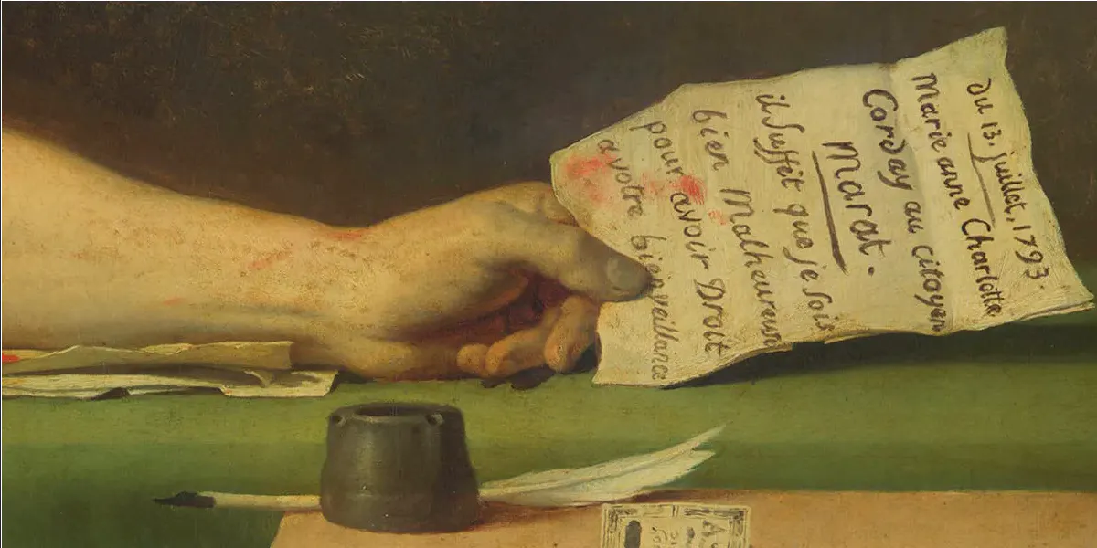 Jacques-Louis David, Der Tod des Marat, 1793, Königliche Museen der Schönen Künste, Brüssel. Foto gemeinfrei (Detail)