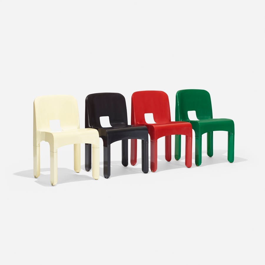 Joe Colombo, set of four chairs model 4867, Kartell, 1965 / c. 1980. Photo: Wright