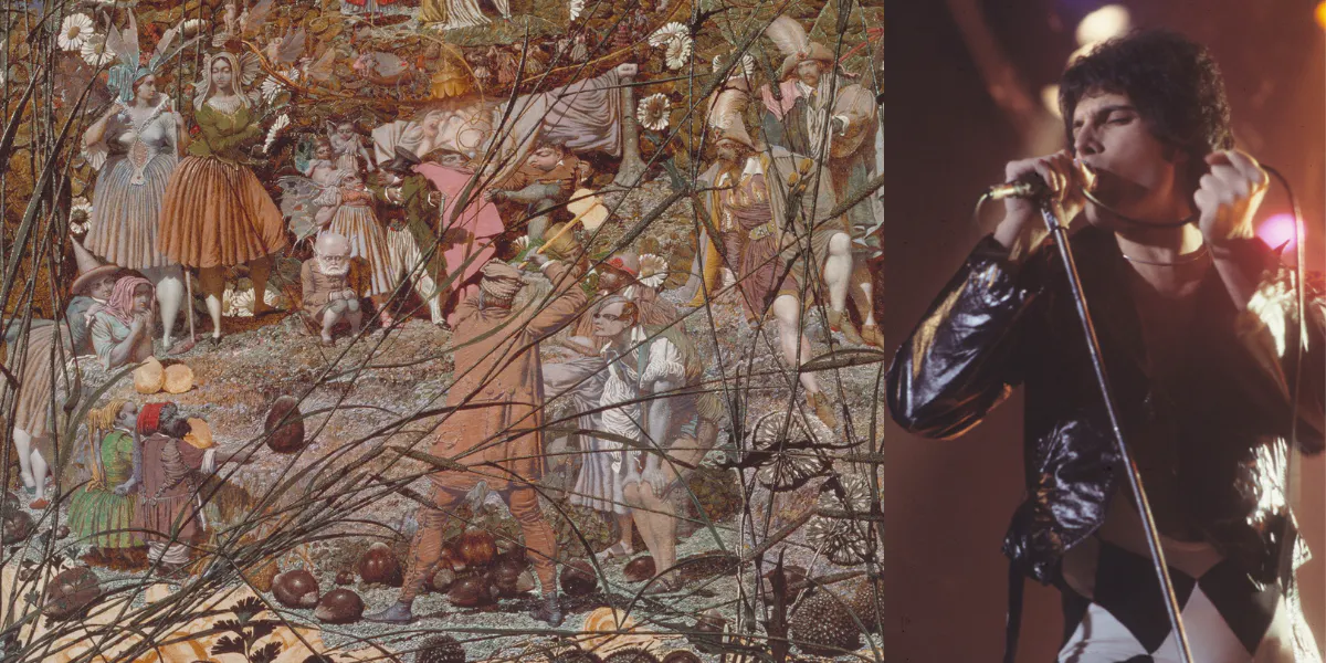 Links: Richard Dadd (1817-1886), The Fairy Feller's Master Stroke, 1855-64, Öl/Lwd., 54 x 39,5 cm, Tate Gallery, London. Foto gemeinfrei (Detail). Rechts: Freddie Mercury am 16. November 1977 in New Haven, Connecticut während einer Show des WPLR. Foto: Carl Lender (CC BY 2.0/https://creativecommons.org/licenses/by/2.0/)
