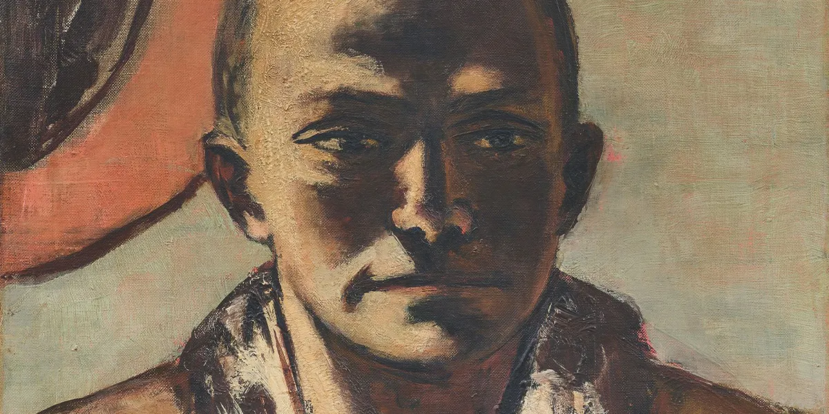 Max Beckmann (1884 Leipzig - 1950 New York), 'Self-portrait Yellow-Pink', 1943, oil on canvas, 94.5 x 56 cm, signed, inscribed and dated. Photo © Grisebach (detail)