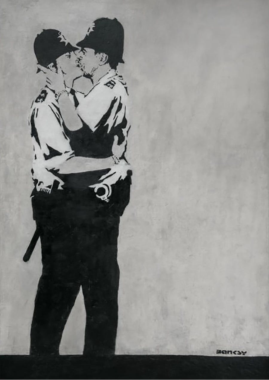 Banksy, ‘The Kissing Coppers, Brighton’ (c.2005), spray paint and stencil on base with aluminium. Photo: Wikipedia