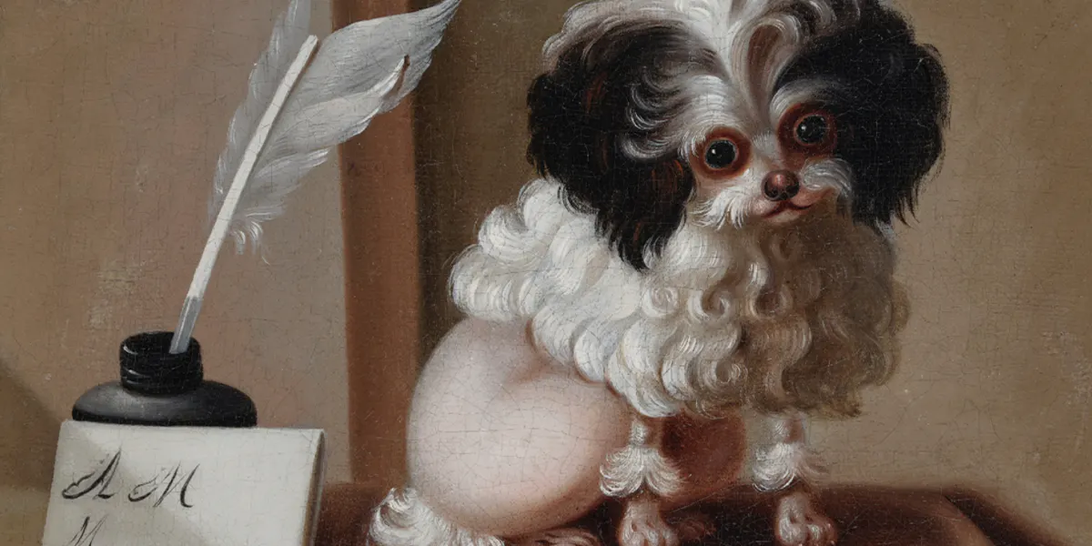 Jacques Barthélémy Delamarre, Porträt eines kleinen Pudels, angeblich „Pompon“, ein geliebter Hund von Marie Antoinette, signiert, Öl/Lwd., 24,4 x 31,4 cm. Foto © Sotheby's (Detail)