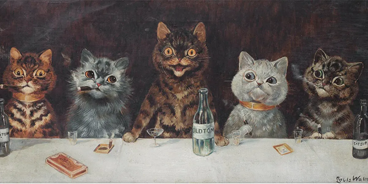 Louis Wain (1860-1939), The Bachelor Party, huile sur toile, 29,5 x 60 cm (détail). Photo domaine public
