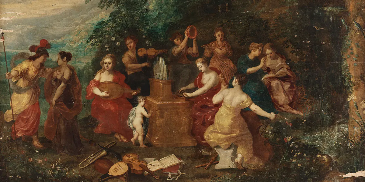 Hendrick van Balen and Jan Brueghel the Elder, attributed, 'Minerva Visits the Nine Muses' [detail], marked on verso with Antwerp's city stamp, panel, 136 x 196 cm. Photo: Bukowskis