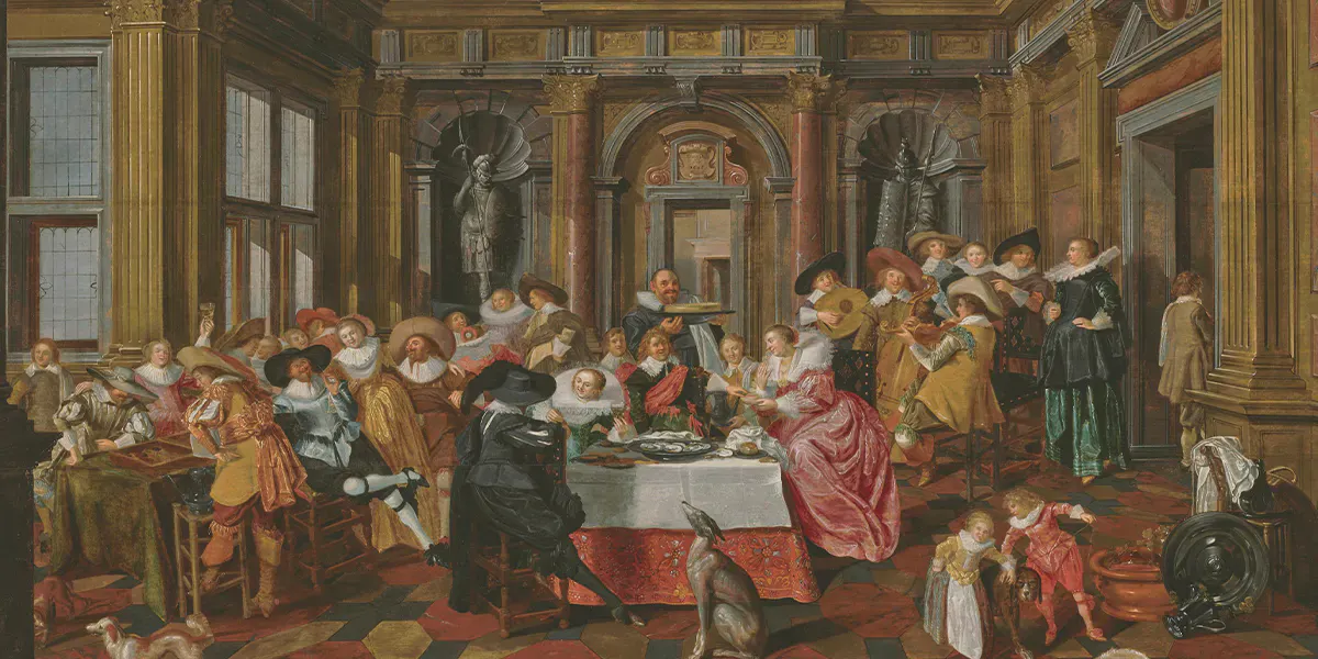 Dirck Hals (Haarlem 1591-1656) et Dirck van Delen (Heusden 1604/5-1671 Arnemuiden), Une joyeuse compagnie dans un intérieur somptueux, avec des musiciens et des joueurs de tric-trac, signé et daté « D. van Delen / fecit / 1628 », huile sur panneau, 92,5 x 157 cm. Photo © Christie's (détail)