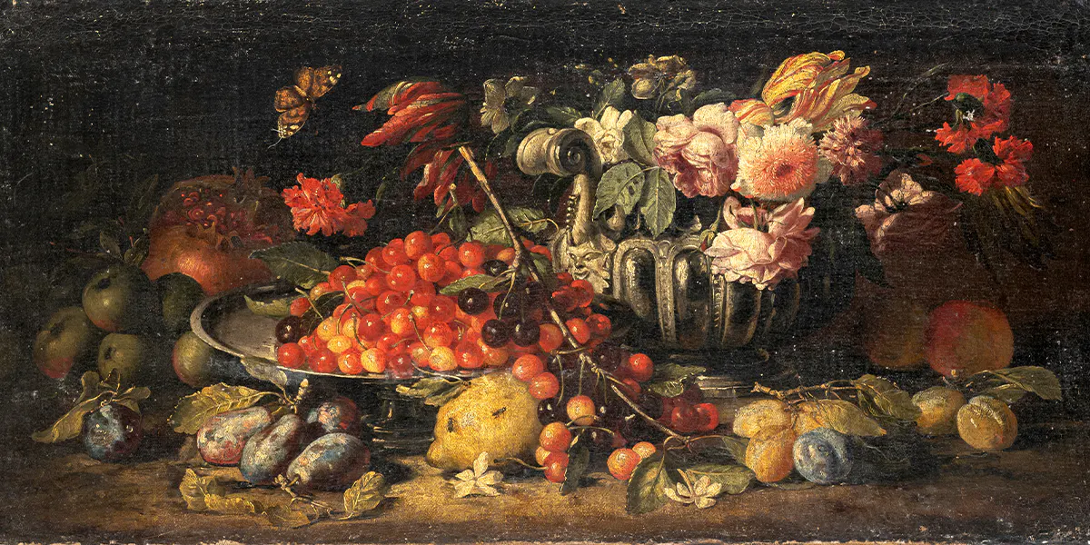 ABRAHAM BRUEGHEL (Anversa, 1631 - Napoli, 1697), "Natura morta con bacile d'argento e fiori, ciliegie, susine e melograno", olio su tela, cm 50X104 Stima €3,500 - 5,500. Foto © Wannenes