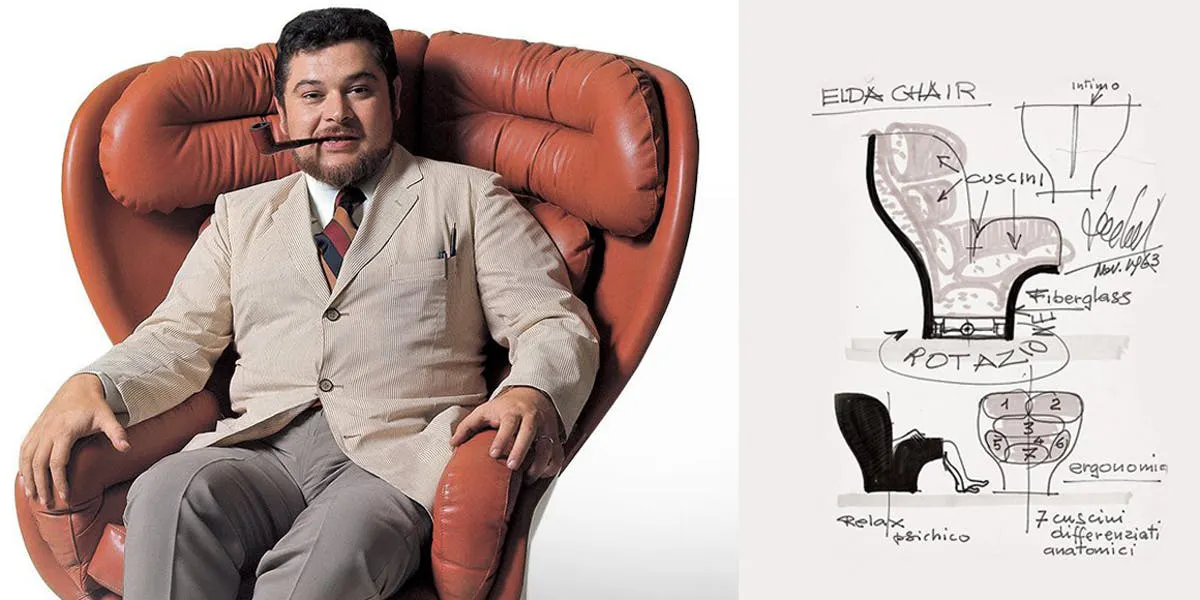 Gauche : Joe Colombo sur son célèbre fauteuil « Elda », nommé d’après son épouse / Droite : Projet pour le fauteuil Elda, 1963, image © Longhi