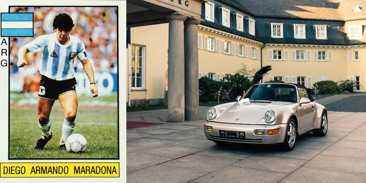 Left: Trading card of Diego Maradona issue by Edizione Panini S.p.a. of Modena. From the "Supersport" series, #71. Photo: public domain. Right: 1992 Porsche 911 Carrera 2 Type 964 ‘Works Turbo Look’ Cabriolet, once owned by Diego Maradona. Photo © Bonhams