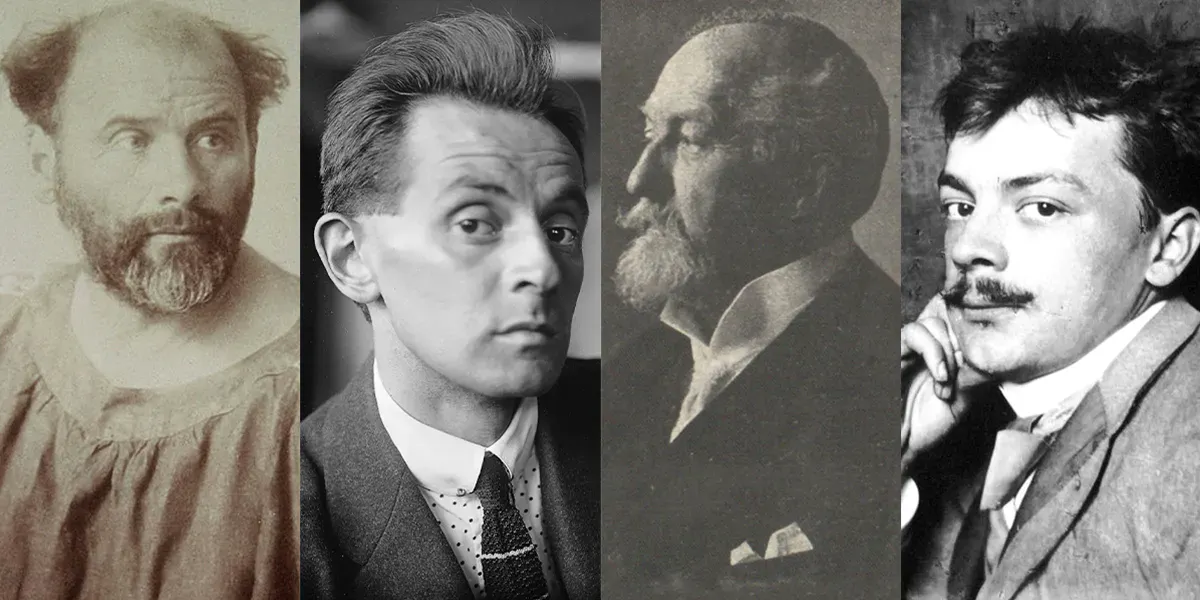 De gauche à droite : Gustav Klimt, Egon Schiele, Otto Wagner, Koloman Moser. Photos du domaine public (détails)