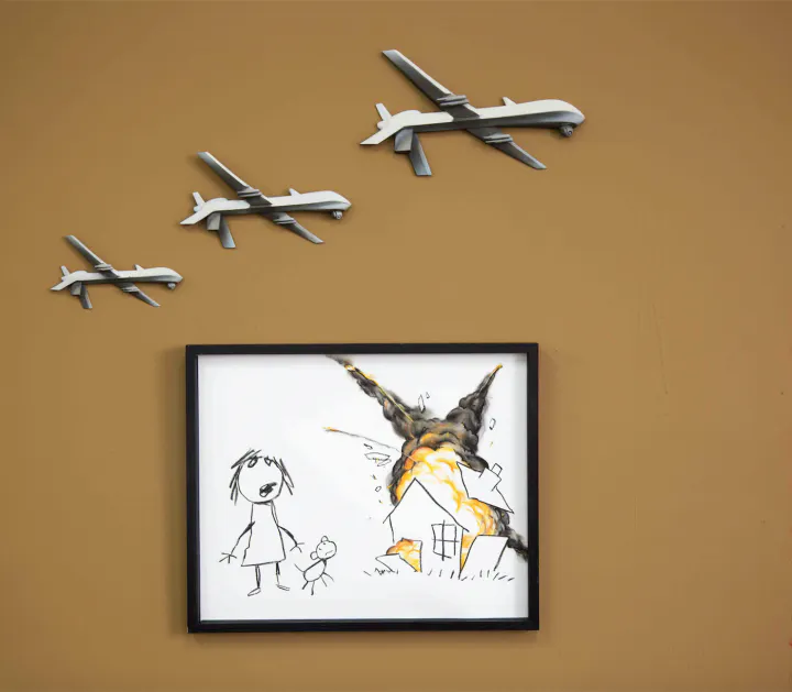 Banksy creates artwork in protest of world's largest arms fair taking place in London
