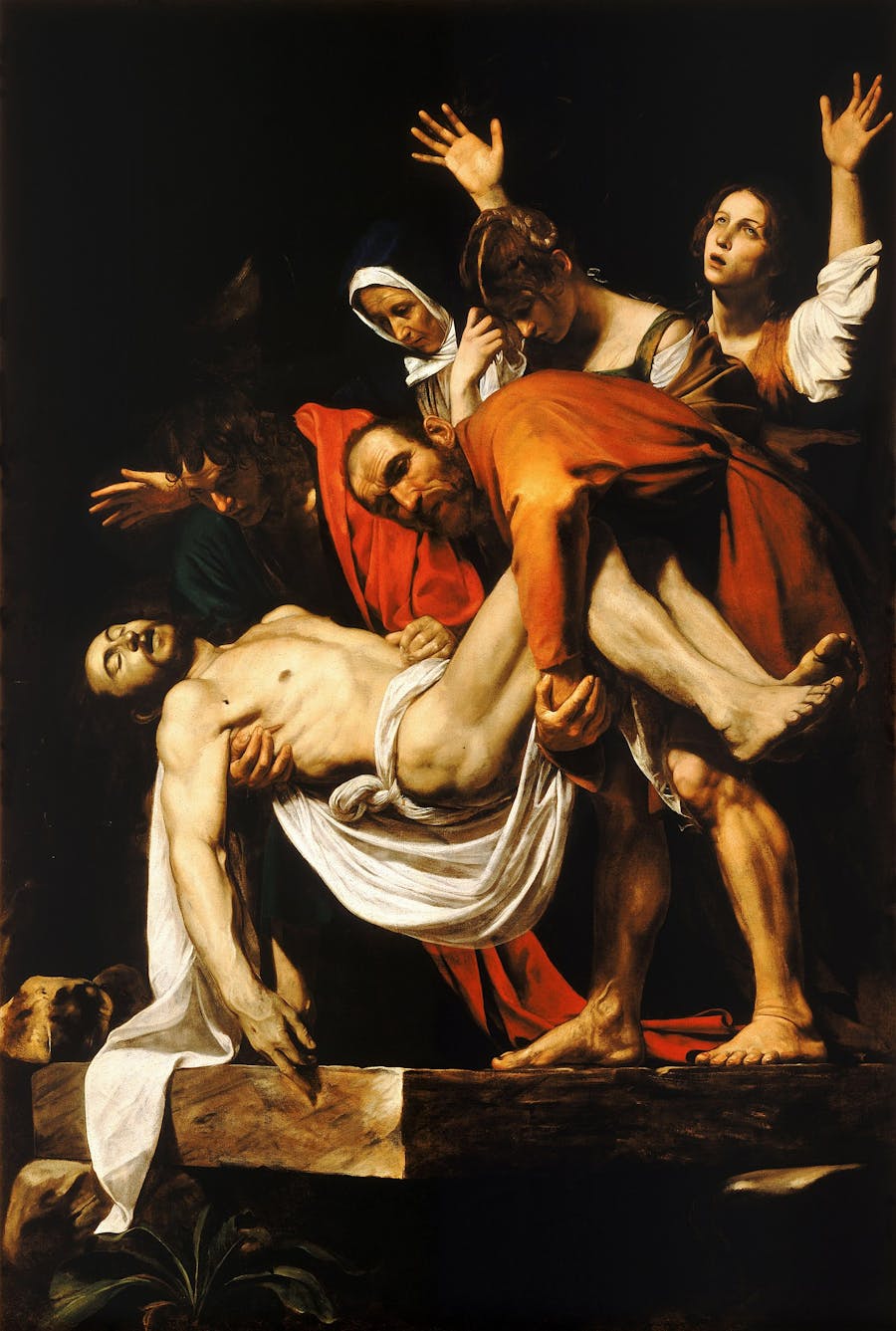 Caravaggio (1571-1610), ‘The Entombment of Christ’, c.1603-4, oil on canvas, 300 cm x 203 cm, Pinacoteca Vaticana, Vatican City. Public domain image