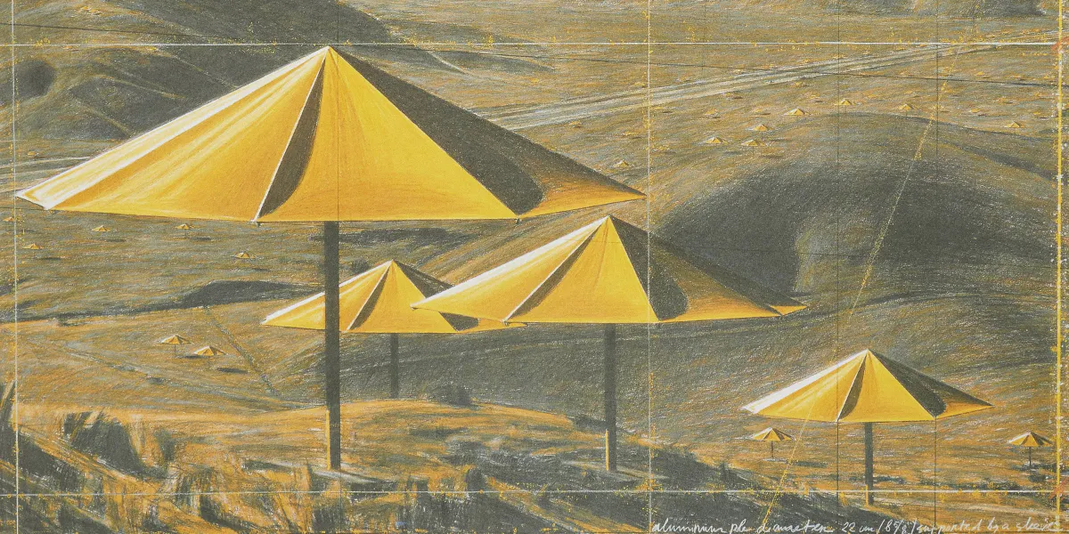 Christo & Jeanne-Claude, ‘The Umbrellas’, 1991, blandteknik, signerad. Foto © Metropol Auktioner (detalj)
