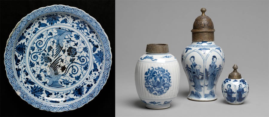 Left: A blue and white phoenix dish, Ming dynasty, mid 14th century. Right: Three blue and white jars, Transitional period, mid 17th century.  Images © V&A London