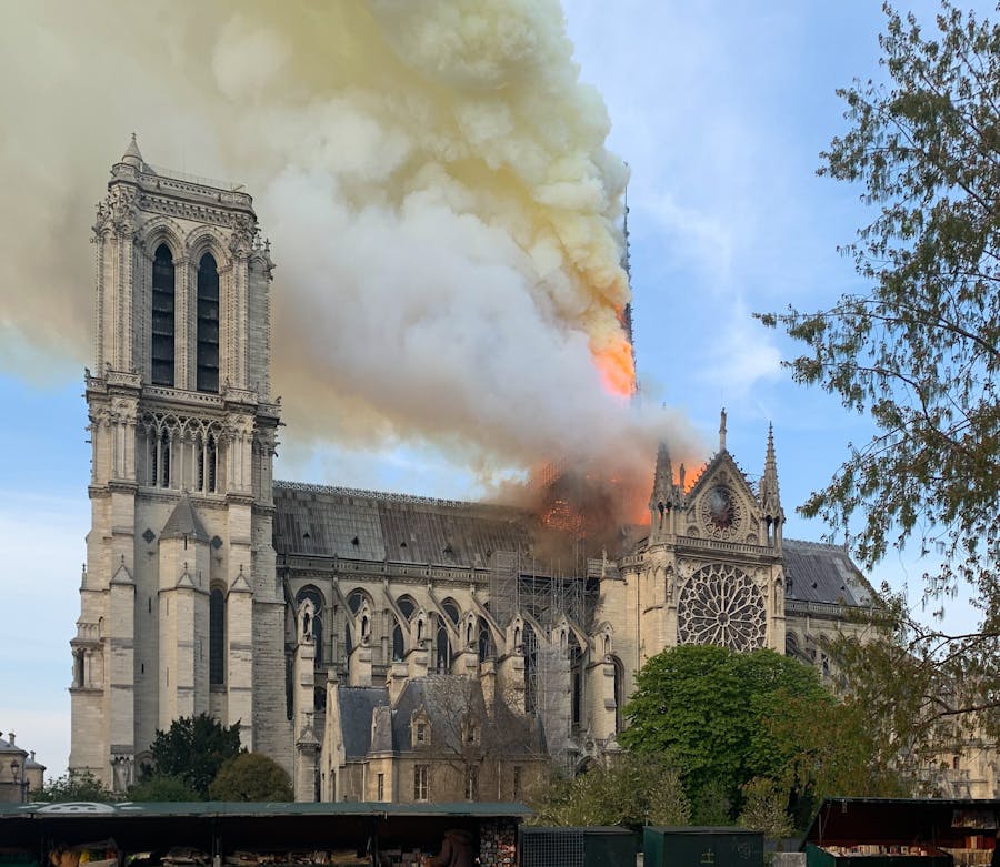 The 2019 fire destroyed Notre-Dame's wooden roof and flèche but left the outer structure largely intact. By Wandrille de Préville - Own work, CC BY-SA 4.0