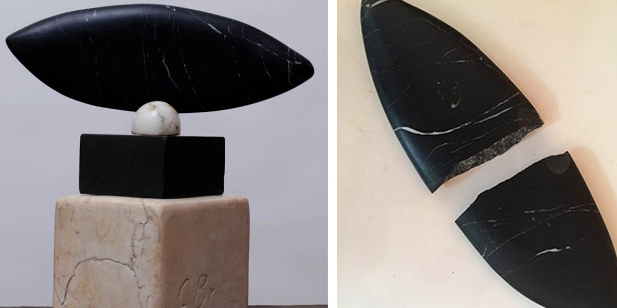 Brancusi's Le Poisson (1920-22, marble) before and after the damage. 