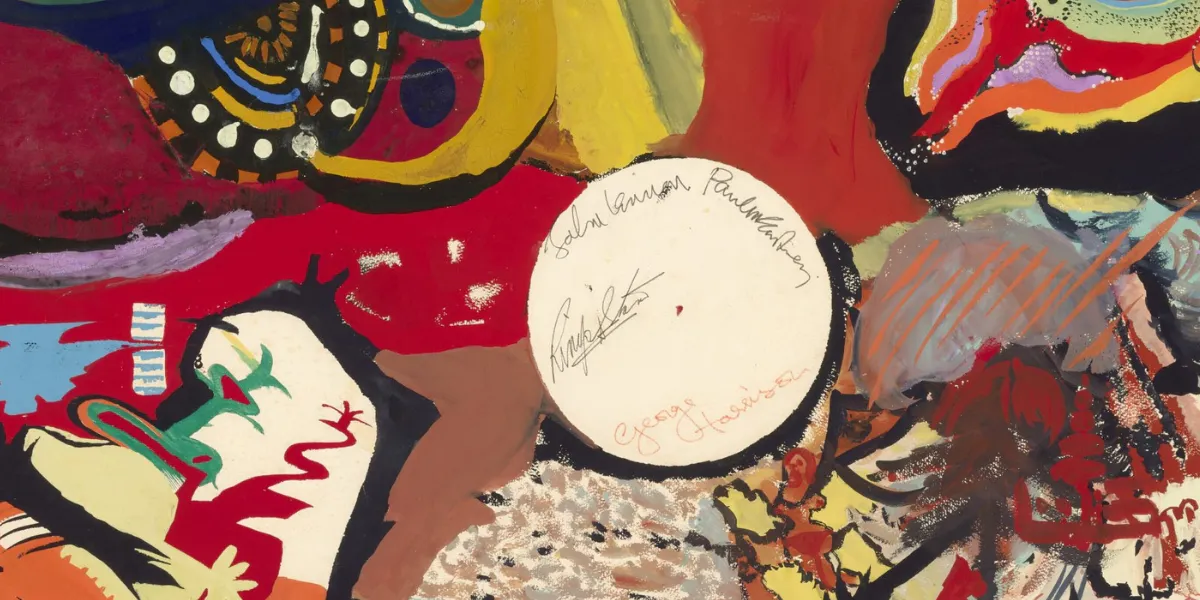 The Beatles, Images of a Woman, 1966, firmato "John Lennon", "Paul McCartney", "Ringo Star" e "George Harrison" (al centro), acrilico e acquerello su carta d'arte giapponese. Immagine © Christie's (dettaglio)