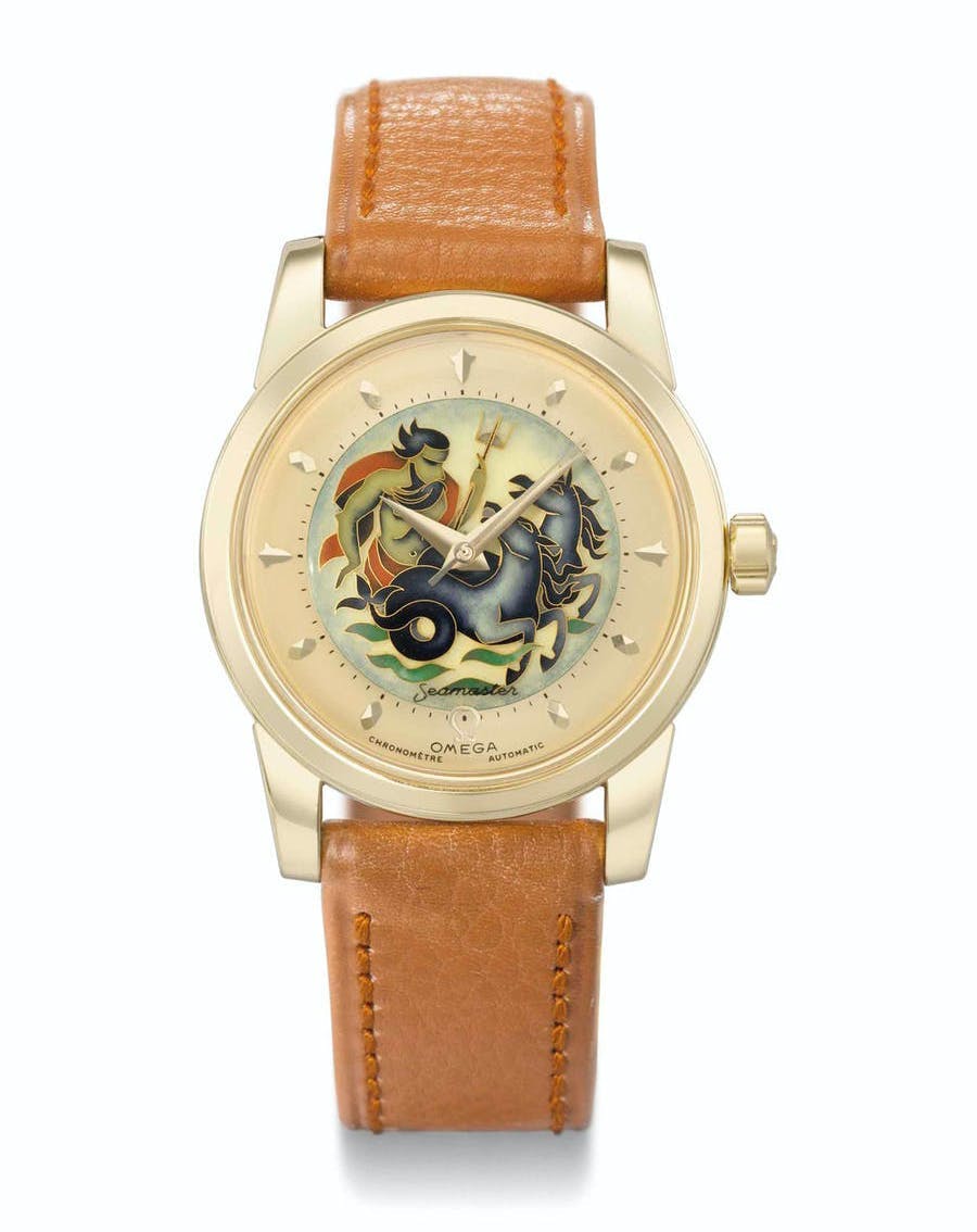 Omega 18k Gold Self-winding Wristwatch with Cloisonne Enamel Dial Depicting Neptune, tillverkad 1954. Foto Ⓒ Christie’s