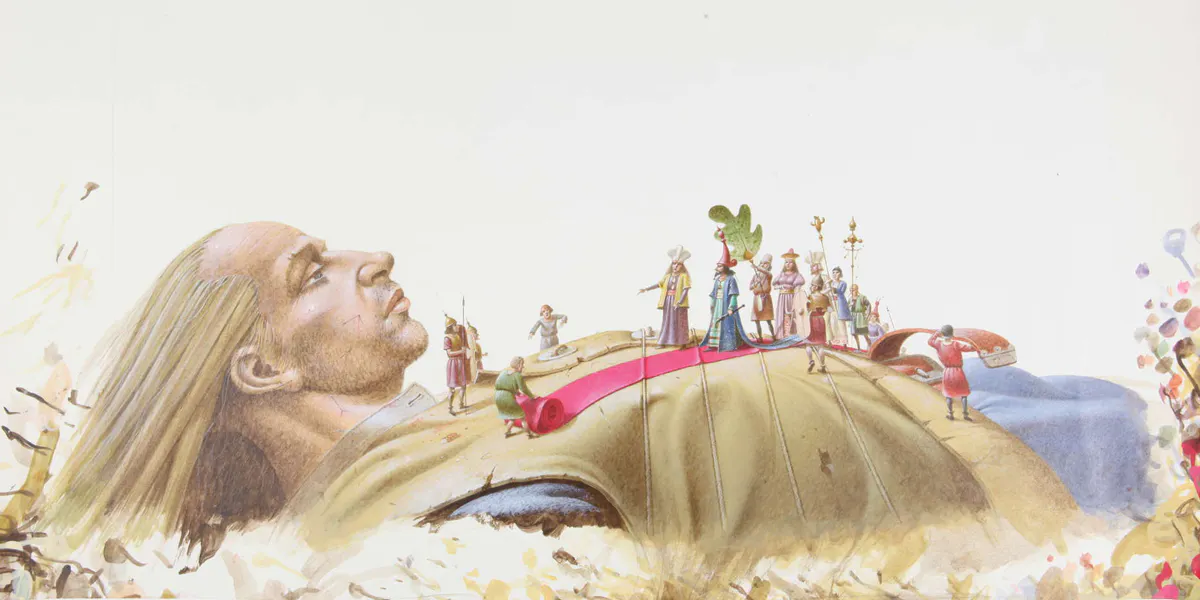 Gulliver in Lilliput, ill. Paul Birkbeck 1939-2019, written by Jonathan Swift, The emperor on the prone and bound Gulliver walking up a red carpet towards his head, 24 x 55 cm (detail). Photo © Ewbank’s   