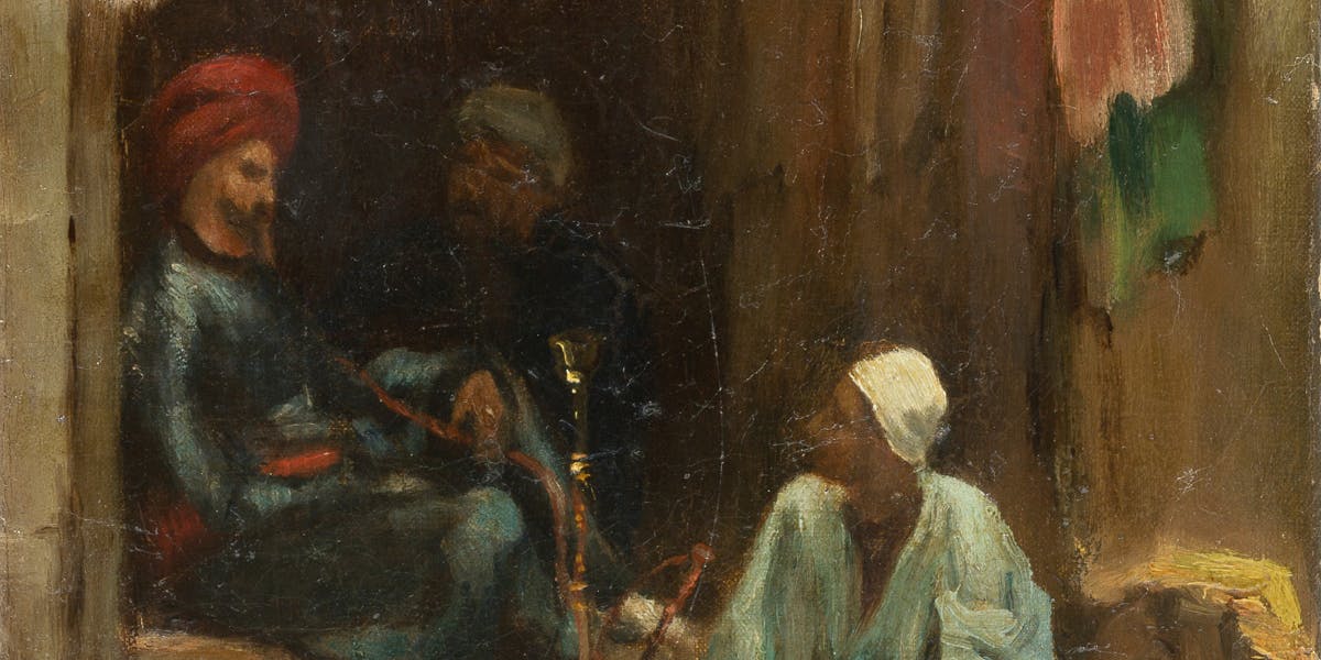 Victorine Meurent, Orientalist scene with hookah smoker, Oil on canvas, 25 x 16.5 cm, Signed and dated '[18]76' lower left. Image © Aguttes (detail))