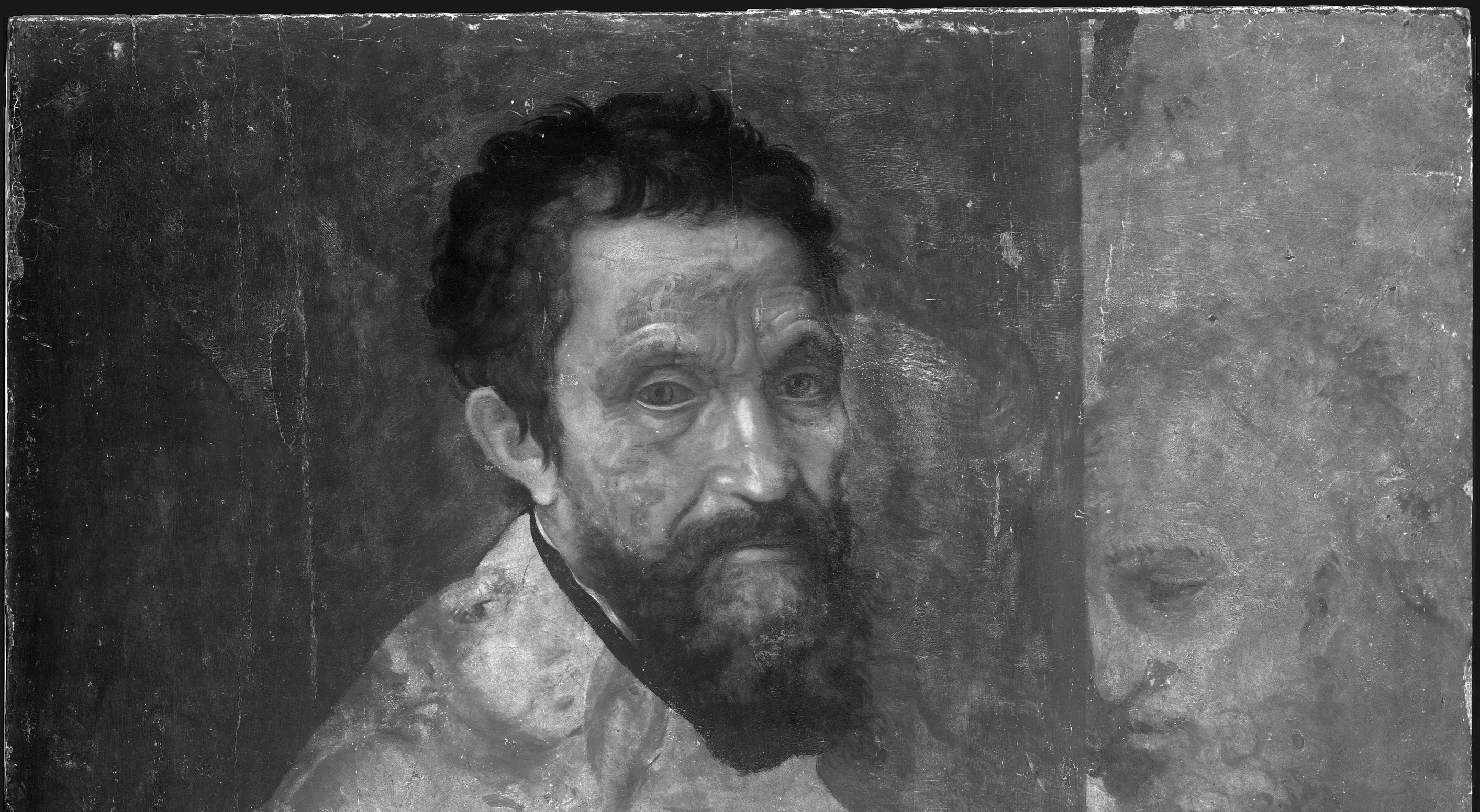 Infrared reflectogram of the Michelangelo Buonarroti painting attributed to Daniele da Volterra, c. 1545 [detail]. Photo public domain via Metropolitan Museum of Art. 