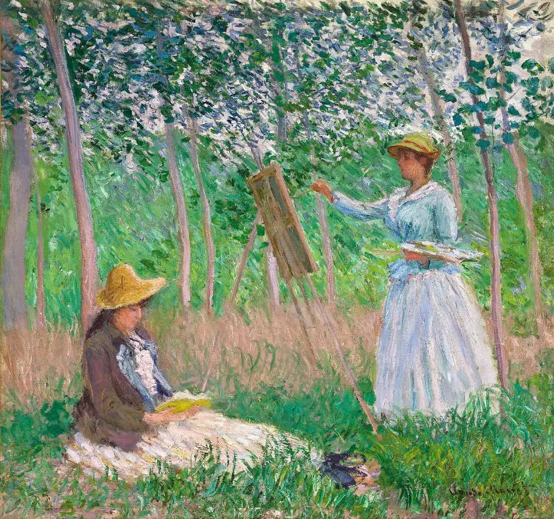 Claude Monet (1840-1926), Dans les bois de Giverny : Blanche Hoschedé à son chevalet et Suzanne Hoschedé lisant, huile sur toile. Photo domaine public