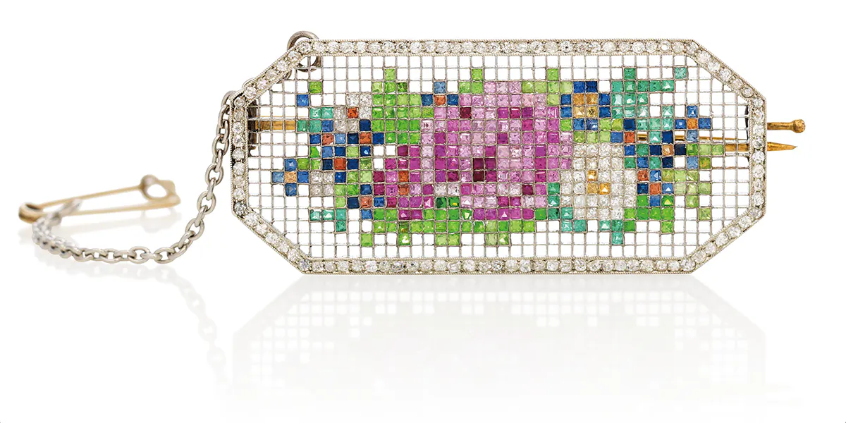 Importante spilla, oro, platino, pietre preziose, Fabergé, San Pietroburgo, 1913 circa, n. 97142, L: 4,3 cm, Stima: 70.000-90.000 GBP. Foto © Christie's (dettaglio)
