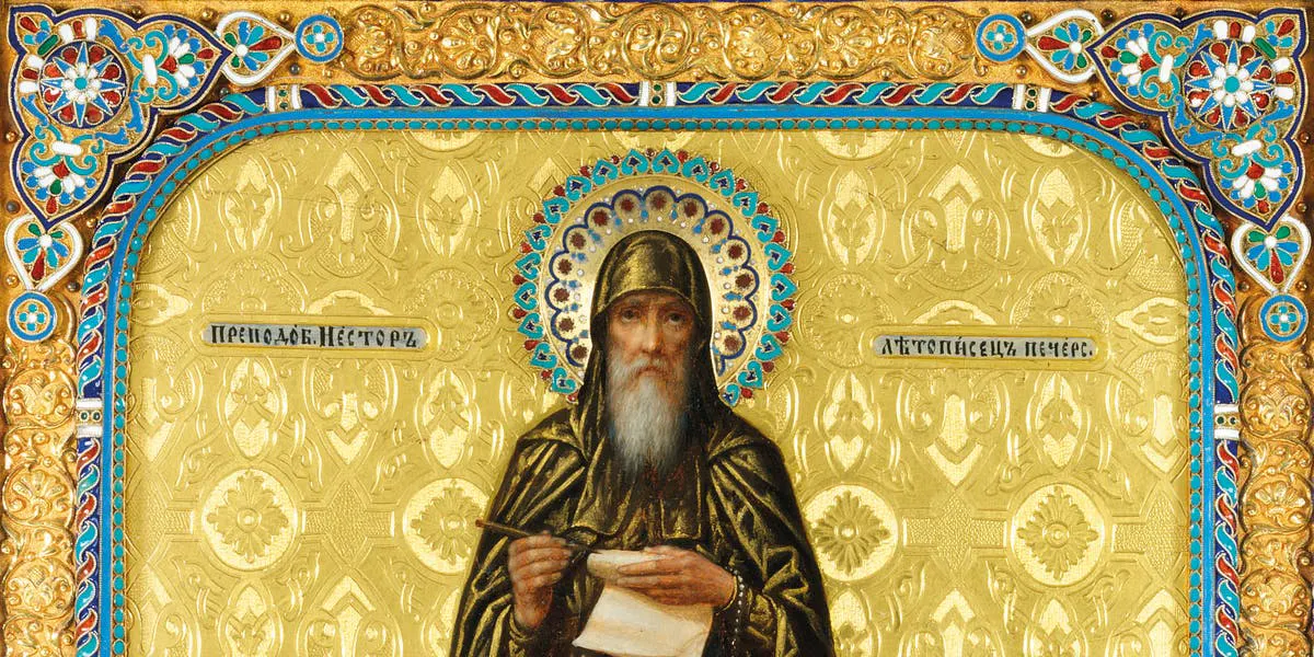 St. Nestor, 1896, Ryssland, repoussé och emalj, 27 x 22,5 cm. Foto © Christie’s (detalj)