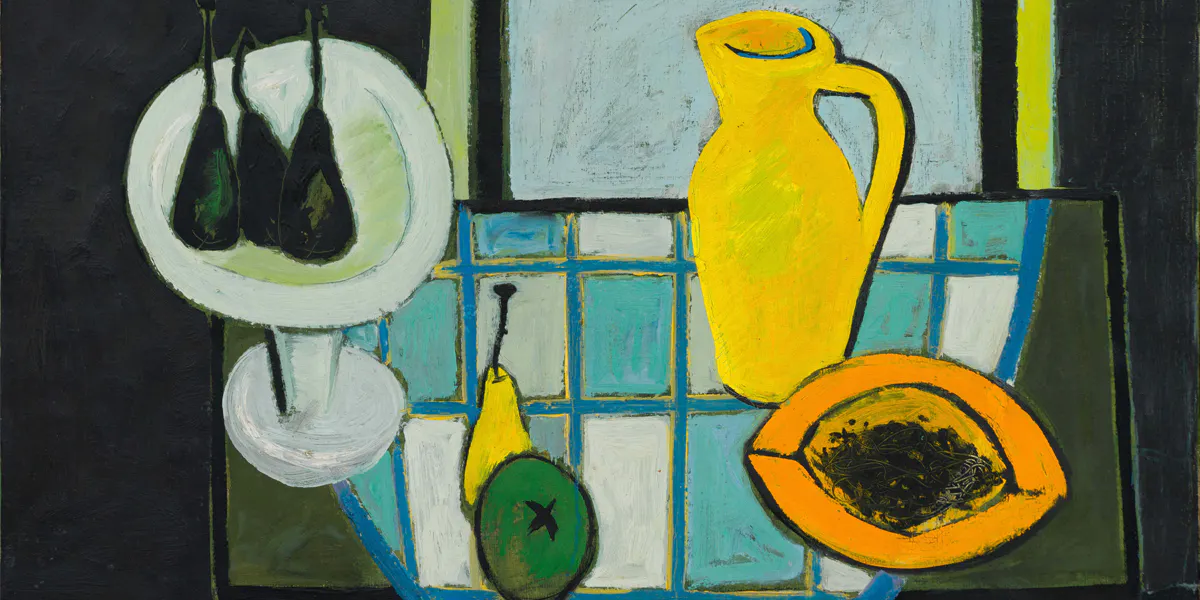 Erik Laubscher, ‘Still Life with Papaya’, recto; ‘Still Life with Lemons’, verso, signed and dated ‘52, oil on canvas, 70.5 x 91 cm (detail). Photo © Strauss & Co