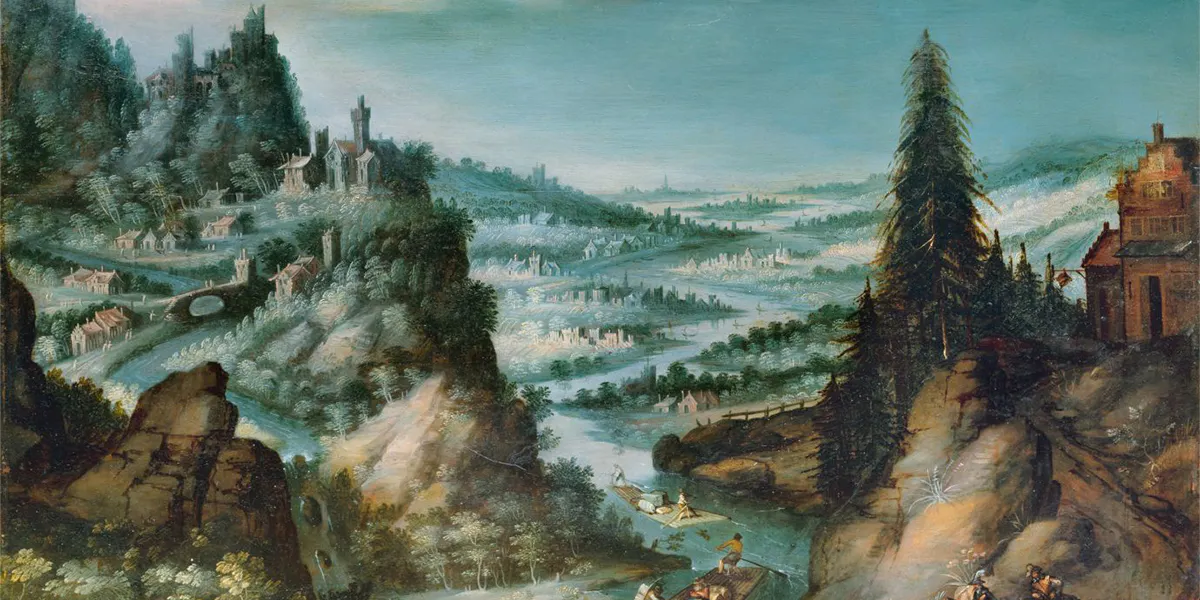 Anton Mozart (1573-1625), Weite Landschaft mit Flößern, Öl/Holz. 35x45,5 cm. r.u. monogr. AM. Foto © Stahl (Detail)