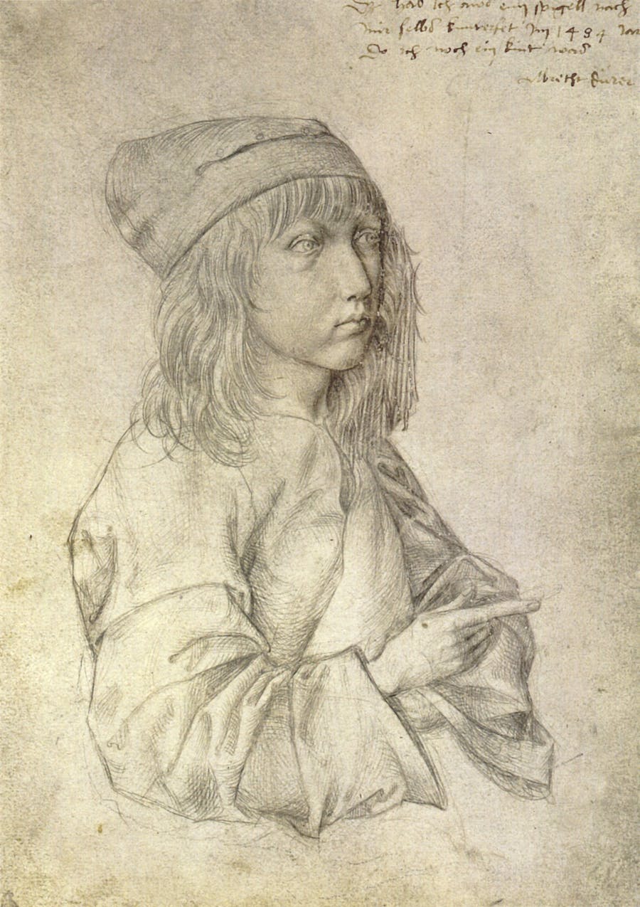 Albrecht Dürer (1471 Nürnberg 1528), Selbstbildnis des Dreizehnjährigen, 1484, Silberstift auf weiß grundiertem Papier, 27,3 x 19,5 cm, Albertina, Wien. Foto gemeinfrei 