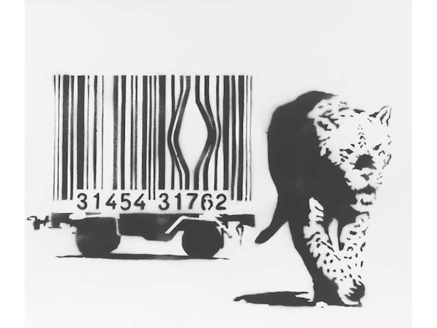 Banksy, ‘Leopard and Barcode’ (2002), stencil spray paint and emulsion on canvas. Photo: Bonhams
