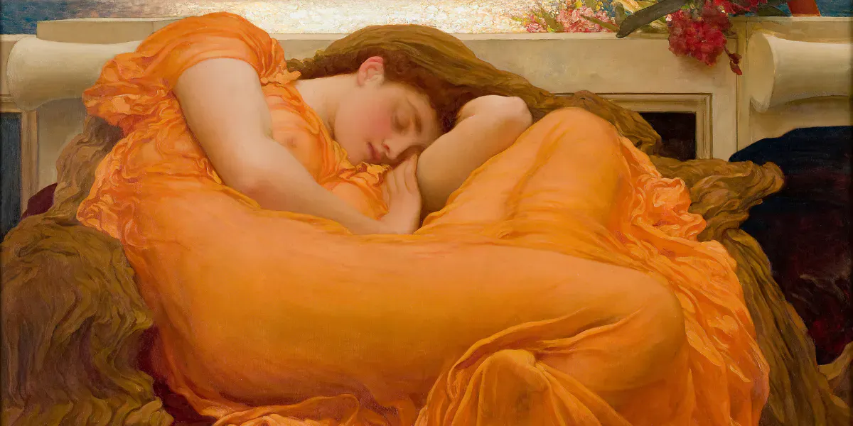Frederic Leighton, Flaming June, vers 1895, huile sur toile, 119,1 x 119,1 cm. Musée d'art de Ponce. Fondation Luis A. Ferré, Inc. Actuellement exposée à la Royal Academy of Arts, jusqu'au 12 janvier 2025 (détail).
