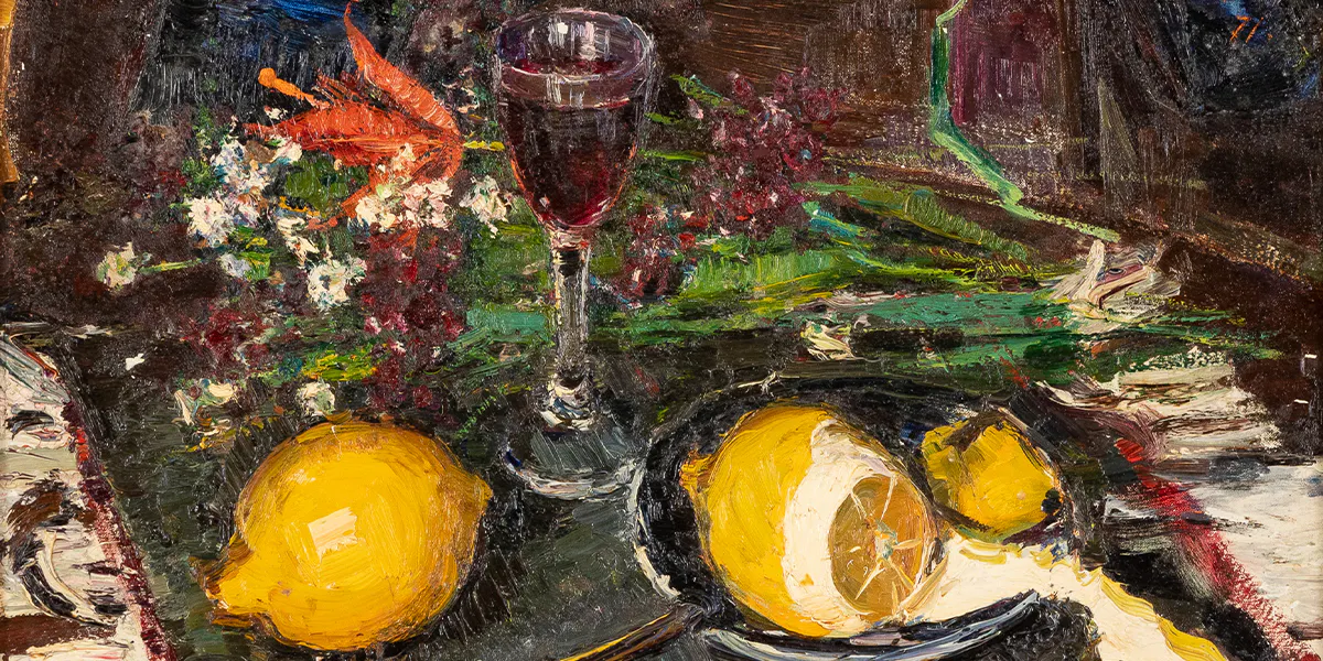 Sergiy Fedorovich Shishko (Nosivka, 1911 - Kiev, 1997), "Natura morta con limoni", 1971 (lotto 86, stima 1.000 – 1.500 euro). Foto © Wannenes (dettaglio)