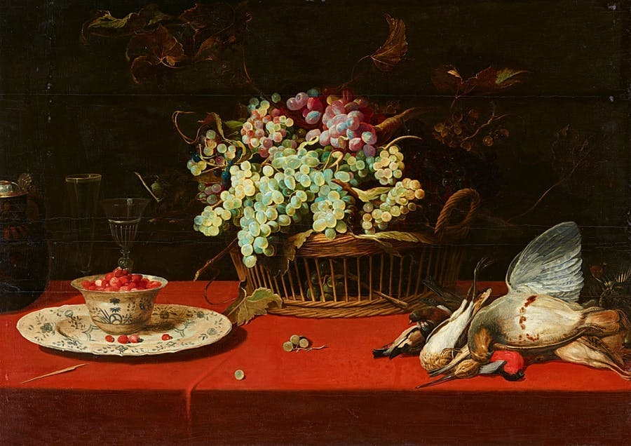 Frans Snyders (1579-1657), Nature morte aux raisins dans un panier, bol de fraises et oiseaux, óleo sobre madera, imagen © Lempertz 