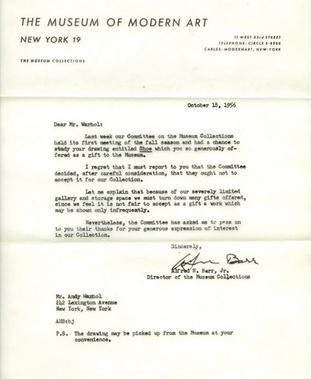 1956 letter from MoMA addressed to Andy WarholImage: MoMA