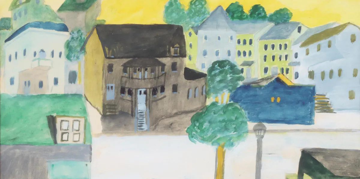 Primus Mortimer Pettersson (1895-1975), stadsbild, akvarell, monogramsignerad, 37 x 45 cm. Foto © Dalarnas Auktionsbyrå