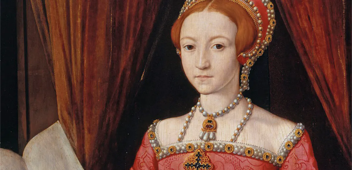 Unbekannter Künstler (vormals Guillem Scrotes zugeschrieben), Porträt Elisabeths I. als Prinzessin, um 1546, Öl/Eichenholz, ca. 109 x 82 cm, Royal Collection, Windsor Castle. Foto gemeinfrei (Detail)