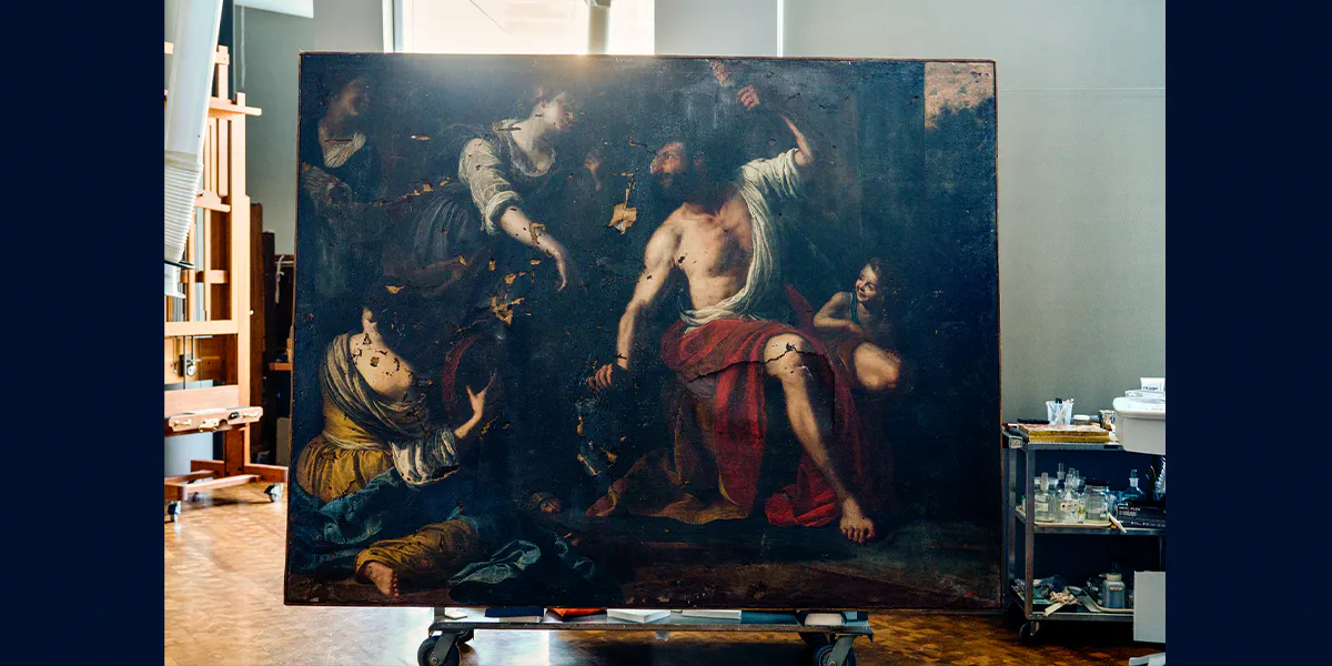 Artemisias "Herkules und Omphale" im Getty Painting Conservation Studio. Foto Cassia Davis © 2022 J. Paul Getty Trust