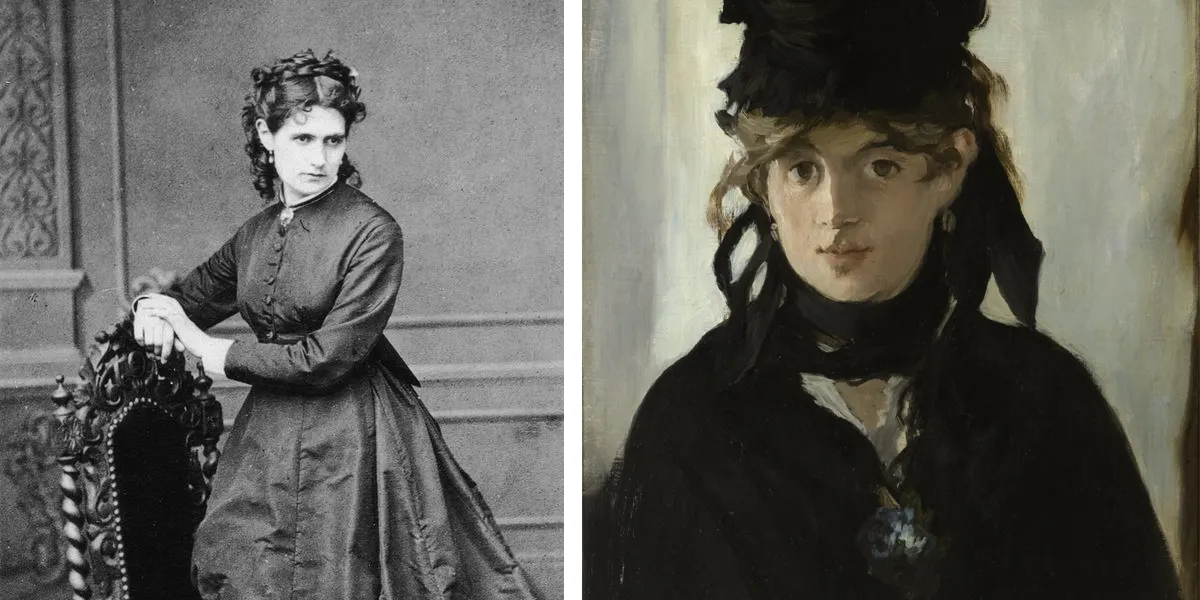 Vänster: Berthe Morisot omkring 1872 || Höger: Edouard Manet, Berthe Morisot, 1872 [detalj] | Foton: via Wikipedia