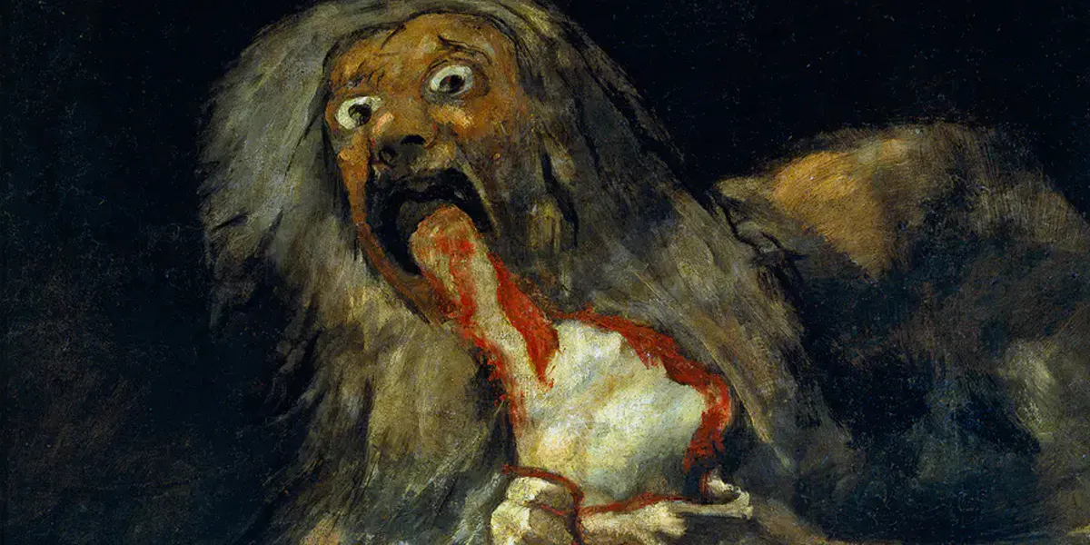 Francisco Goya, Saturne dévorant ses enfants, 1821-1823, huile sur mur transportée sur toile, 146 x 83 cm, Museo del Prado, Madrid (détail). Photo Domaine public
